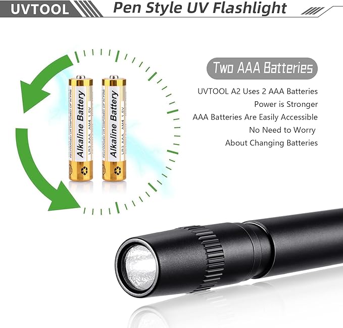 UVTOOL A2D Pen Blacklight 365nm UV Flashlight with Pen High Power Output, Pure Beam for UV Glue Curing Light, Rock and Mineral Fluorescent Glowing, Pet Urine Detector Light, AC Leak Detector