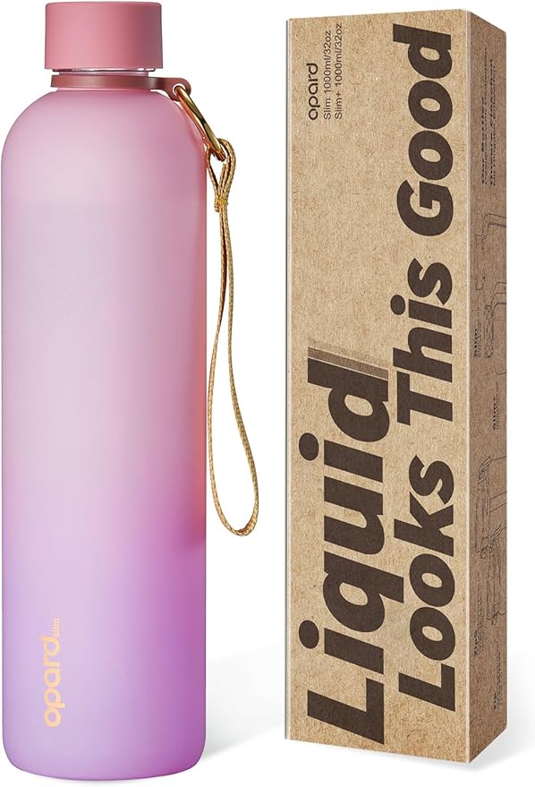 Opard Slim Water Bottle 32oz, Dishwasher Safe Plastic Water Bottle BPA-Free, Leakproof Screw Top, Sunset Pink Purple, Reusable for Travel School Sport Gym Hiking