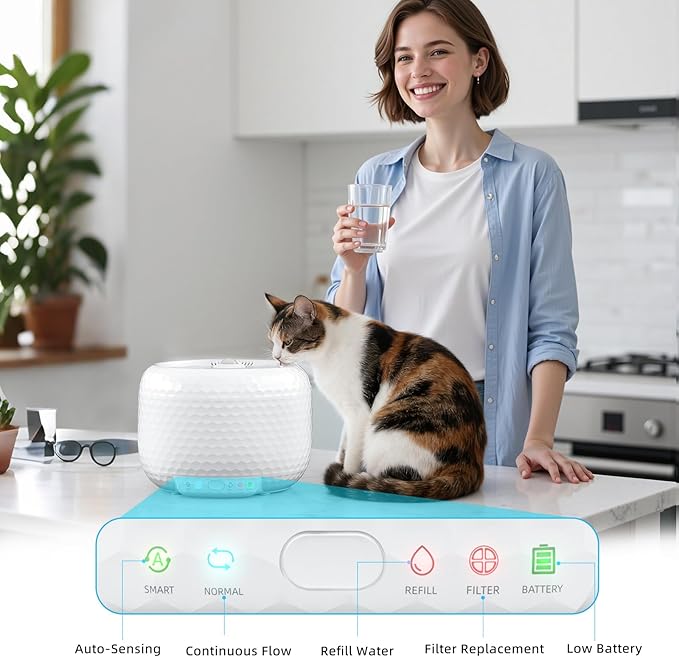 Automatic Cat Water Fountain 61oz/1.8L, Ultra Quiet Pump, BPA-Free & Detachable for Easy Cleaning, Includes 3 Replacement Filters (White, ABS)