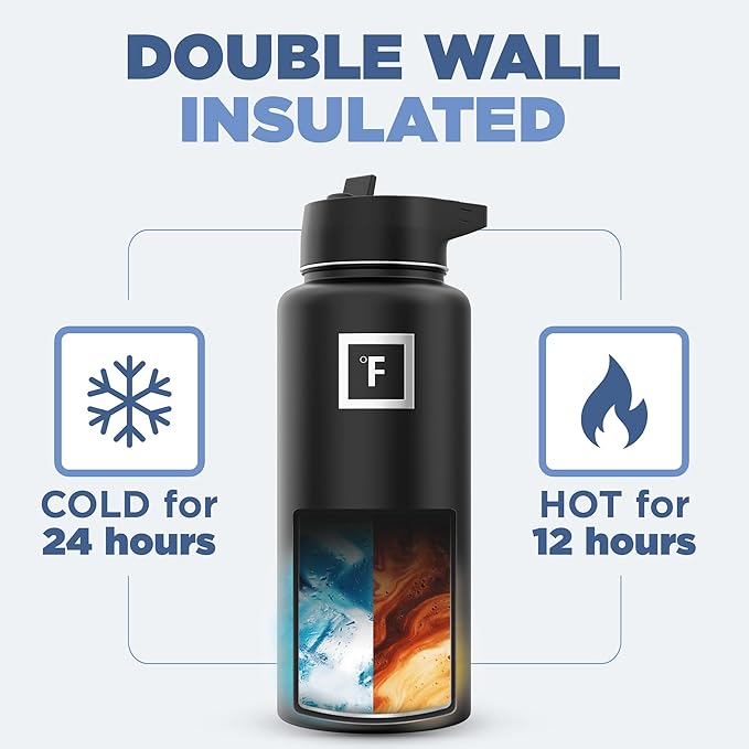 IRON °FLASK Camping & Hiking Hydration Flask with 3 Lids - Stainless Steel, Double Walled & Vacuum Insulated Water Bottle - Leak Proof & BPA Free 32 Oz