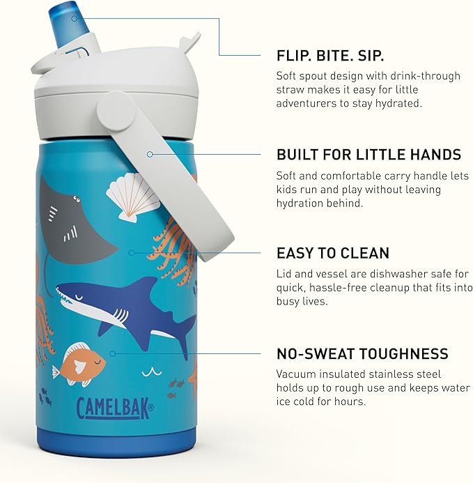 CamelBak Thrive Flip Straw Kids Bite Valve Stainless Steel Water Bottle Ocean Life, 12oz
