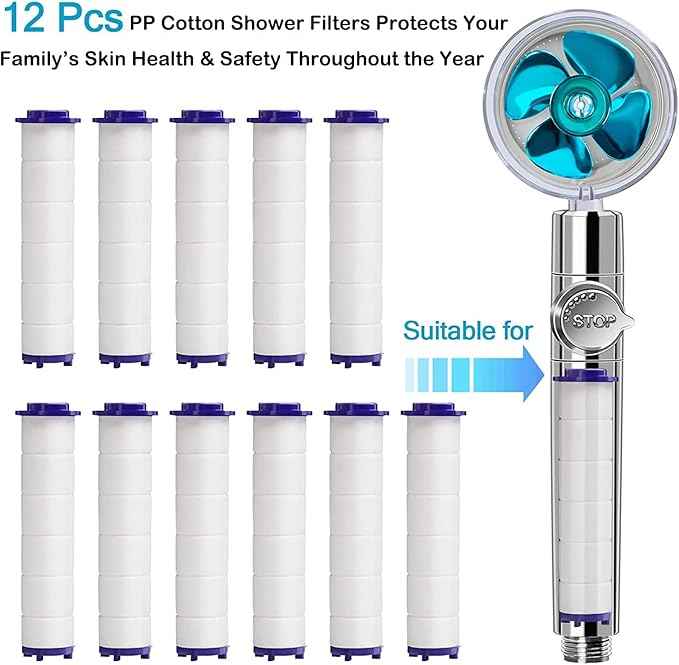 Replacement Filters for Hydro Jet Shower Head, High Pressure Handheld Turbo Fan Shower Heads Filter, PP-Cotton Filter Cartridge for Vortex Shower Head Set of 12 with Clean Towel