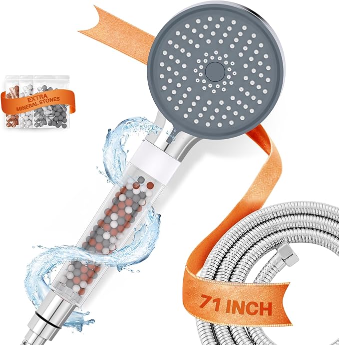 YDmeet Filtered Handheld Shower Head with Long Metal Hose Set, 3-Mode Spray Setting, Extra 6 Packs Replacement Mineral Balls for Refills, Chrome - AquaVibe