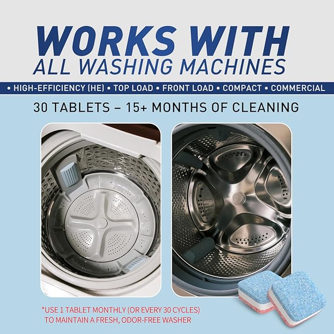 Washing Machine Cleaner Tablets 30 Pack - HE Top Load & Front Load Washer Cleaner, Eco Friendly Septic Safe, 3 Layers Deep Cleaning, Descaler & Deodorizer, 1+ Year Supply (30 Count - AquaVibe