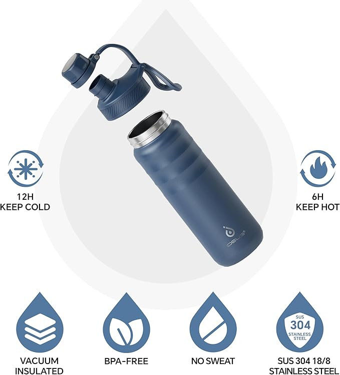 IDEUS Insulated Stainless Steel Water Bottle with 2 Leak-Proof Lids, Thermal Water Flask for Hiking Biking, 24oz, Navy Blue