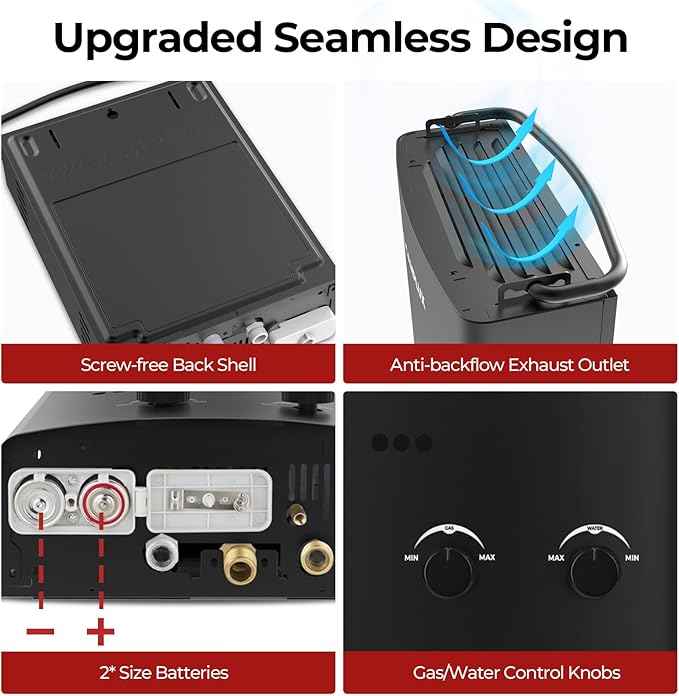 CAMPLUX 5L Portable Propane Gas Tankless Water Heater, 1.32 GPM Tankless Water Heater With 1.2 GPM Water Pump, AY132BP43, Black