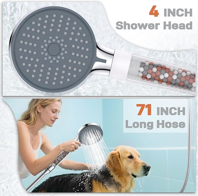 YDmeet Filtered Handheld Showerhead with Shower Holder Set, 3-Mode Spray Setting, Long Metal Hose, Extra 6 Packs Replacement Mineral Balls for Refills, Chrome - AquaVibe