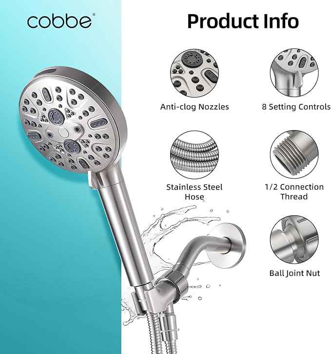 Cobbe Handheld Shower Head with Filter, High Pressure 9 Spray Mode Showerhead Built-in Power Wash with Hose, Bracket and Water Softener for Hard Water Remove Chlorine, Brushed Nickel