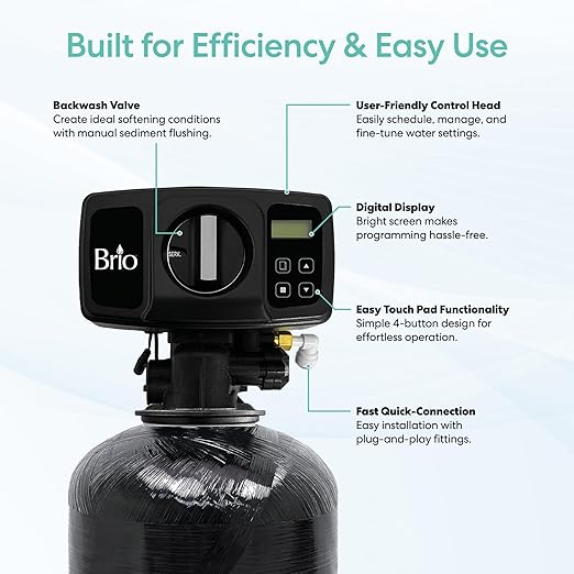 Brio WSFS9510 Whole House Water Softener System, 2-3 Bathrooms, 32,000 Grains, 7-8 GPM, 9" x 48" Resin Tank, High-Efficiency Valve Head, Fully Compatible w/Existing Water Filtration System