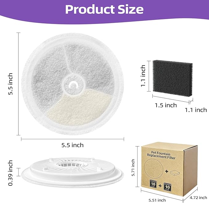 Upgraded Filter Units 3.0 for Cat Water Fountain E versweet 2S/3/3 Pro, E versweet Solo 2/Solo SE, Replacement Filter Activated Carbon and Fiber Cotton for Clean Water (10 Filters+ 10 Sponges)