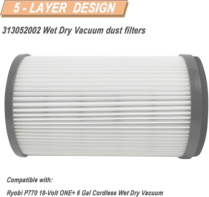 P770 Vacuum Filter Compatible with Ryobi 18-Volt ONE+ 6 Gal Cordless Wet Dry Vacuum Filter 313052002 (2 Packs，Grey) - AquaVibe