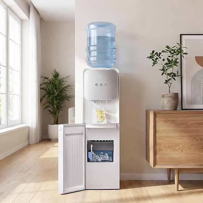 4 in 1 Water Cooler Dispenser with Ice Maker, Hot & Cold Water Dispenser for Home & Office, 33lbs/24H Bullet Ice, Top Loading 3-5 Gallon, Child Safety Lock, Ice Ready in 7 Min (White -Silver)