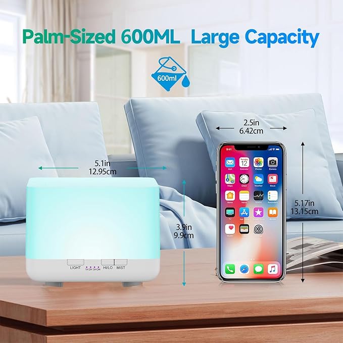 600ml Essential Oil Diffuser White Cute Humidifier with Adjustable Mist Mode,Auto Off,7-Colors Night lignts 3 in 1 Portable Aroma Diffuser for Bedroom/Office/Home（YK）