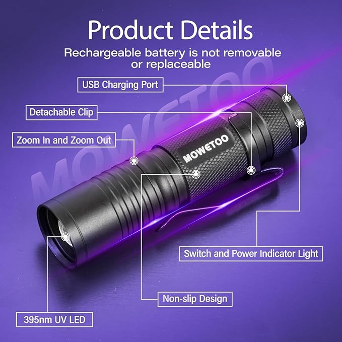 Black light UV Flashlight Rechargeable, 395nm Mini Zoomable Blacklight Woods Lamp, Portable But Powerful USB Ultraviolet Flashlights for Pet Urine Detection, Home, Scorpions, Resin Curing, Leak