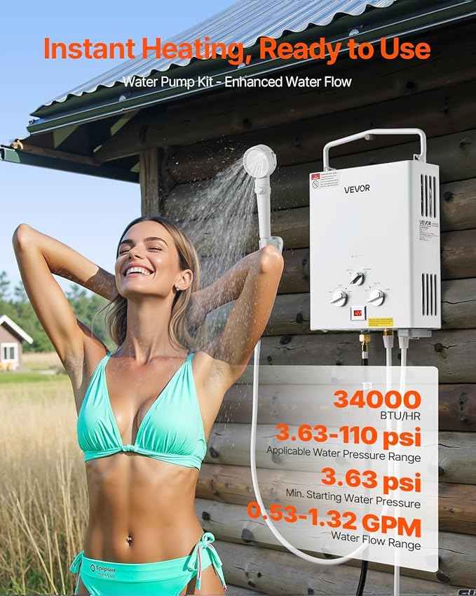 VEVOR Portable Propane Water Heater, 5L Tankless Outdoor Water Heater, 34000 BTU 1.32 GPM Instant Hot Water, with Accessory Set + Regulator +Water Pump for RV Camping Trips Cabins Barns