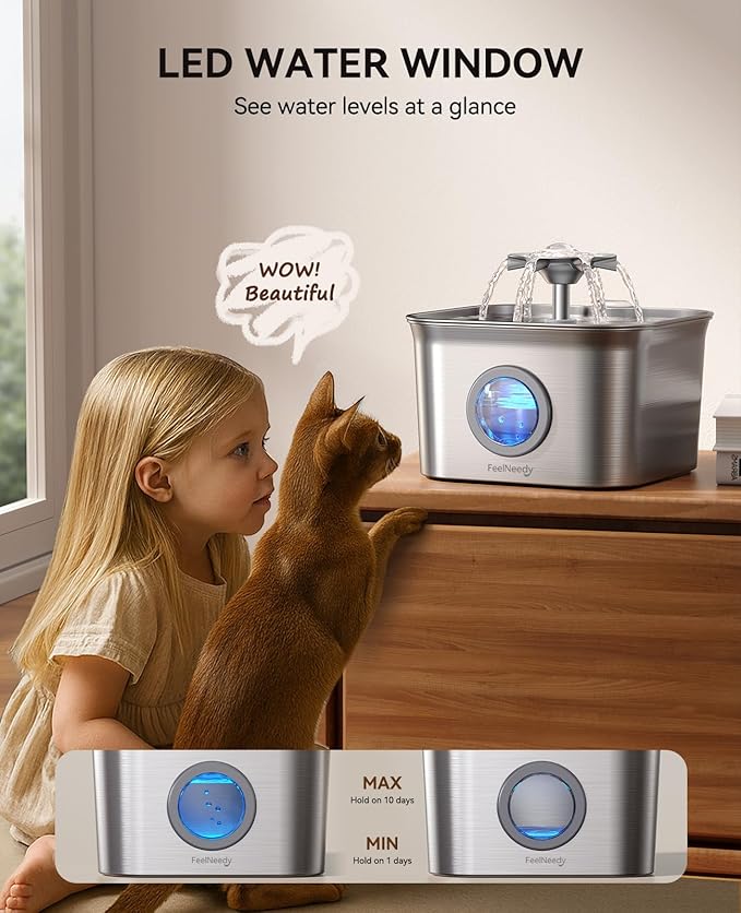 Stainless Steel Cat Water Fountain, 2.8L with 20dB Ultra-Quiet Pump- Ideal for Timid Pets, LED Water Level Window, Dishwasher Safe, 24/7 Circulation- Includes 9 Replacement Filters