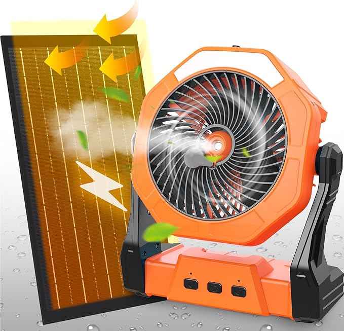 Ausic 10W Solar Fan with Mister, Misting Camping Fan with Solar Panel, Portable Outdoor Fans, 8 Inch Battery Operated Rechargeable Cooling Fans with Water Spray for Travel/Beach/Chicken Coop