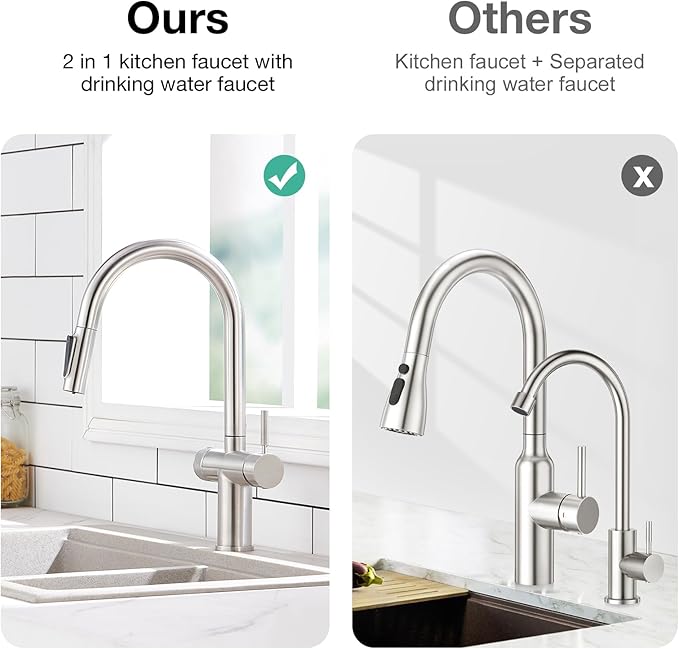 CREA 3 Way Kitchen Faucet with Filtered Water Outlet & Pull Down Sprayer, Stainless Steel Kitchen Faucets Use with Water Filter, Drinking Water Faucet for Kitchen Sink Reverse Osmosis (RO), Brushed