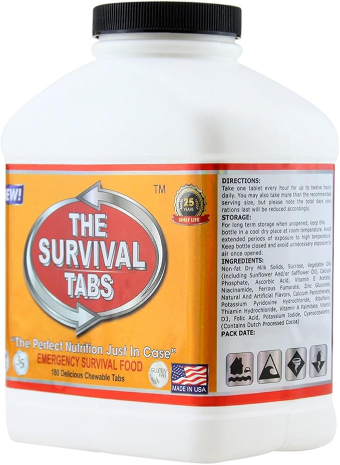 Survival Tabs 15-Day 180 Tabs Emergency Food Ration Survival MREs Food Replacement for Outdoor Activities Disaster Preparedness Gluten Free and Non-GMO 25 Years Shelf Life Long Term - Chocolate Flavor