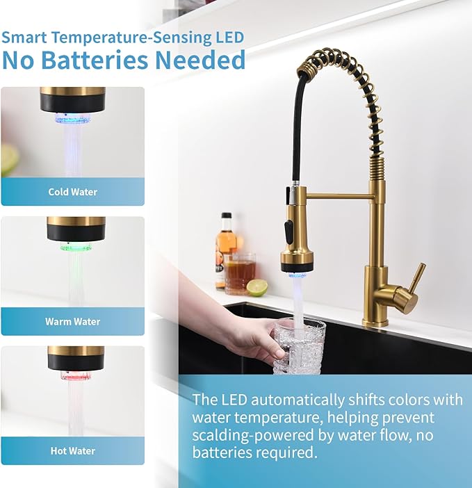 GIMILI Gold Kitchen Faucet with Soap Dispenser Single Hole Pull Down Sprayer LED Faucet, Suitable for Farmhouses, RV, Laundry Room, Outdoor, and Campers. Llave para fregadero de cocina