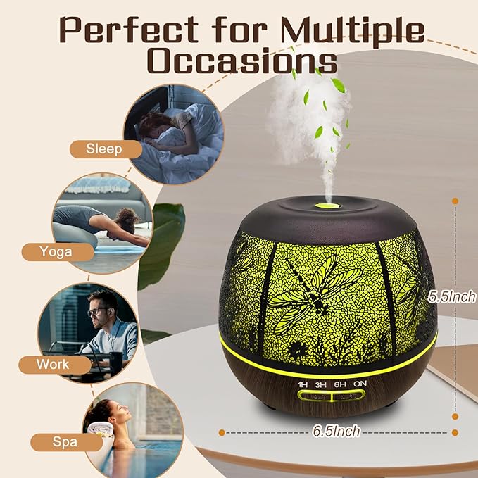 Essential Oil Diffuser for Bedroom 400ml,Diffusers for Home with R/C,Cool Mist Humidifier Large Room,Ultrasonic Scent Diffuser Waterless Auto Off,7 Colors Light & 3 Mist Modes for Desk Dragonfly