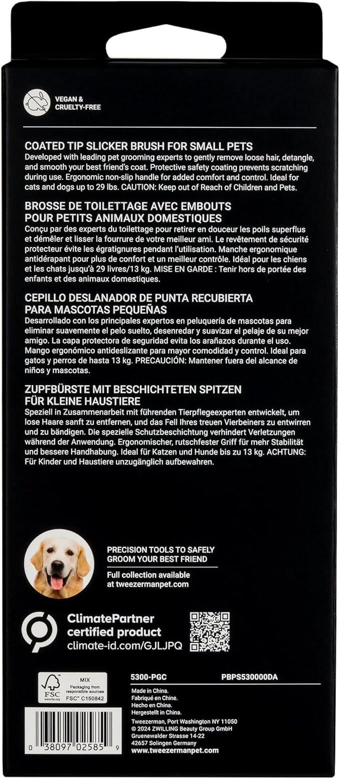 Tweezerman Dog and Cat Slicker Brush for Small Pets, Grooming Brush with Coated Bristles to Prevent Scratching and Ergonomic Handle - AquaVibe