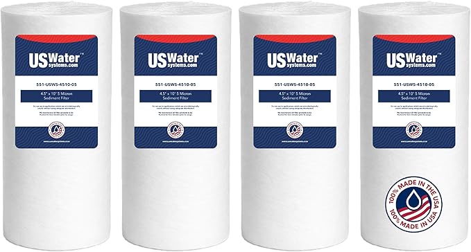 US Water Systems Spun Polypropylene Sediment Filter 5 Micron Water Filter 10 X 4.5, Whole House Water Filter Cartridge that Removes Dirt, Rust, and Sediment, Made in the USA, Pack of 4
