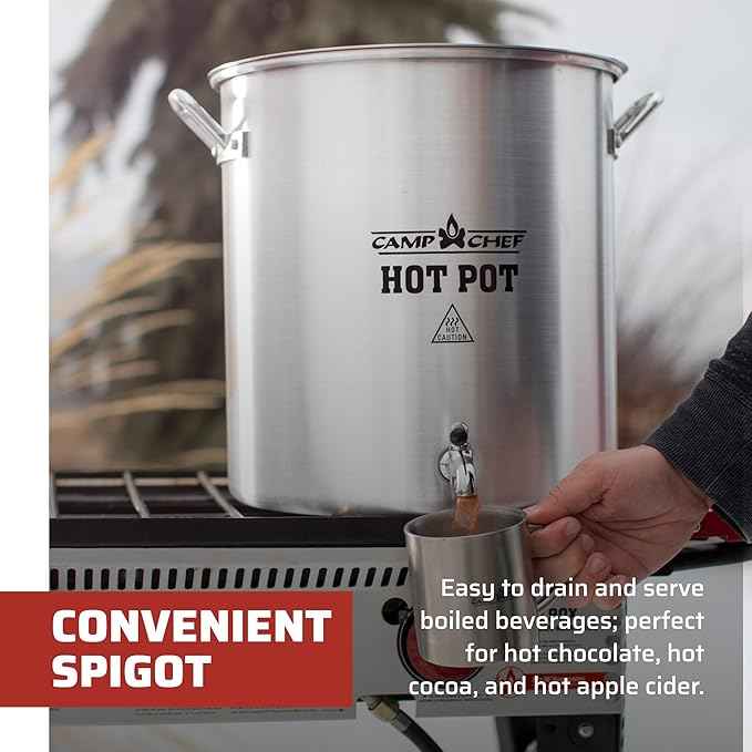 Camp Chef Aluminum Hot Water Pot - for Hot Chocolate & Hot Apple Cider - Hot Water Storage with a Spigot for Dishes - Easy-to-Serve Hot Beverage Dispenser - 32 Quart Pot - About 120 Servings