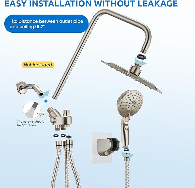 8" Dual Shower Head Combo, Rainfall Shower Head with Handheld, 6 Spray Settings Angle Adjustable Handheld Shower Head with Pause, Height Adjustable, Brushed Nickel