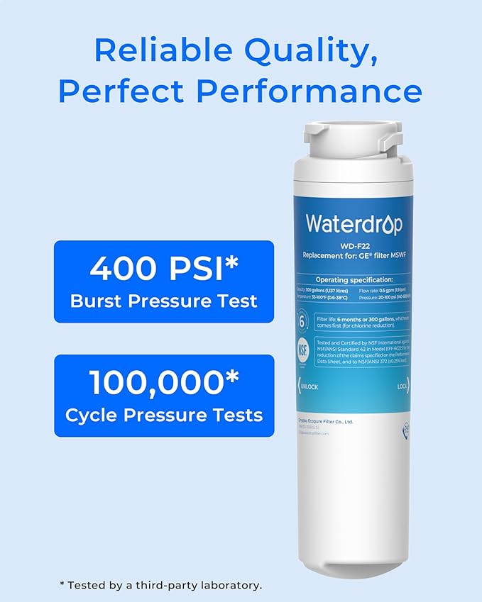 Waterdrop MSWF Refrigerator Water Filter, Replacement for GE® MSWF, 101820A, 101821B, RWF1500A, NSF 42&372 Certified, Pack of 3 - AquaVibe