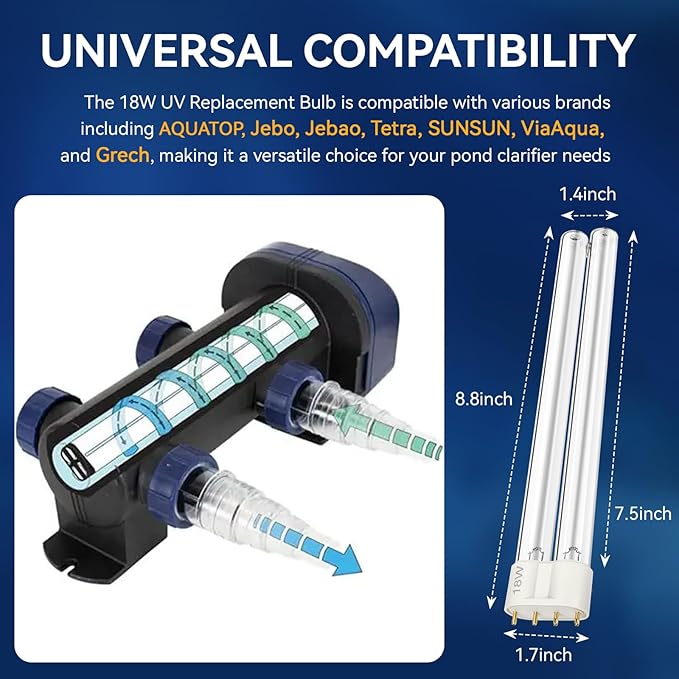 2 Pack 18W UV Replacement Bulb Compatible with AQUATOP, Jebo, Jebao, Tetra, SUNSUN, ViaAqua, Grech, etc. Various Pond Clarifier