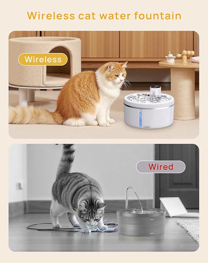 Wireless Cat Water Fountain with Stainless Steel Tray, 84oz/2.5L Pet Water Fountain for Cats Inside, Cat Fountain for Drinking with Motion Sensor, Ultra Quiet Pump for Pets& Small Animals (8Filters)