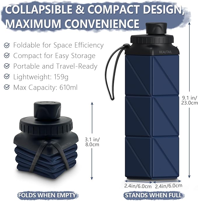 BEAUTAIL Collapsible Water Bottles, Silicone Foldable Water Bottle 610ml, BPA-Free Portable Reusable Leakproof Bottle for Gym Travel Camping Hiking Sports Outdoor, 1 Pack (Dark Blue)