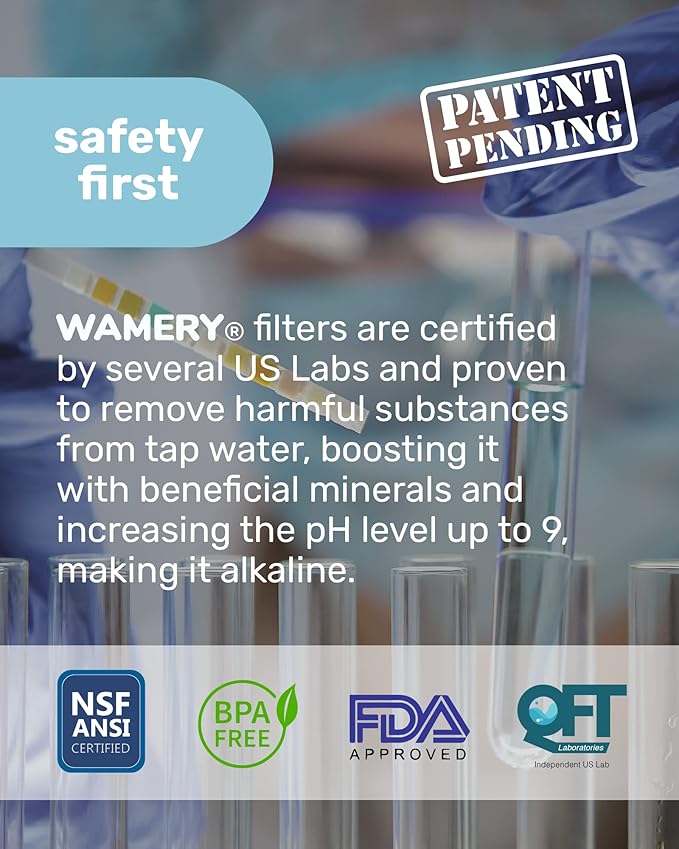 Wamery Alkaline Pitcher Water Filter Replacement - Single Filter, Improves pH & Taste, 42‑Gallon Capacity, Coconut Activated Carbon with Mineral Layer, Leak‑Free Fit, Easy Install, BPA‑Free