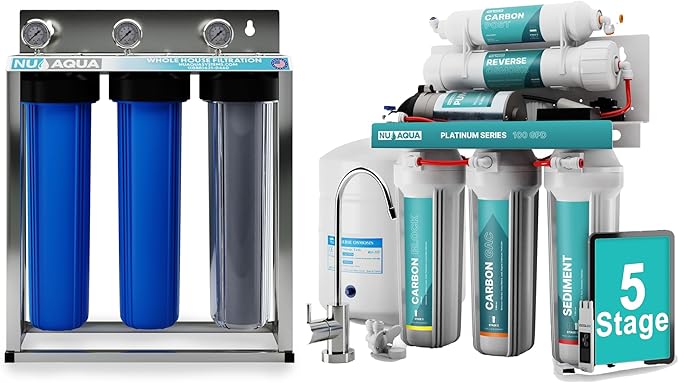 NU Aqua 5-Stage Under Sink Reverse Osmosis Water Filter System with Booster Pump + 3-Stage Whole House Water Filtration System - RO Filtration - Faucet & Tank