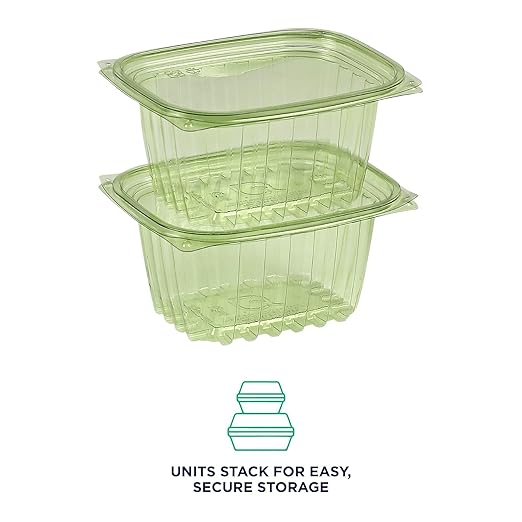 ECO PRODUCTS Compostable 16oz Rectangular Deli Containers With Lids, Case of 300, Veridian Clear Green Meal Prep, Made from PLA, A Renewable Material Made from Plants, One Lid Fits All