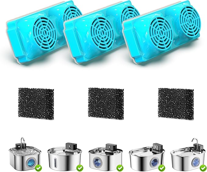 Cat Water Fountain Filter for 108oz/3.2L Wireless Cat Fountain,Replacement Filters for Stainless Steel Battery Operated Pet Fountain(3 Filters and 3 Sponges)