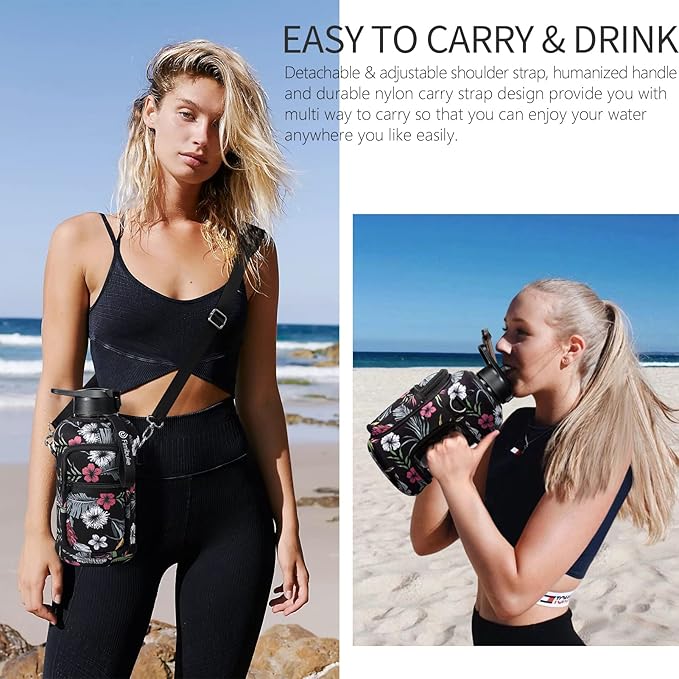 Fimibuke Half Gallon Water Bottle with Sleeve 64 OZ Water Bottle with Handle & Straw Leakproof Motivational Sports Gym Water Bottle with Time Marker BPA Free Water Jug with Reusable Neoprene Holder
