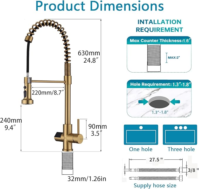 Kitchen Faucet with Temperature Digital Display, 304 Stainless Steel Kitchen Sink Faucets with Pull Down Sprayer and 3 Modes, 360 Rotatable Pull Out Kitchen Faucet, Brushed Gold