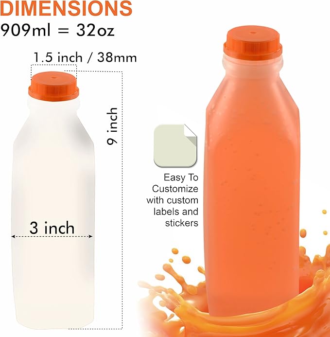 EcoQuality Empty Plastic Juice Bottles with Tamper Evident Caps 32 OZ - Smoothie Bottles - Ideal for Juices, Milk, Smoothies, Picnic's and even Meal Prep Juice Containers (32 Ounce) (20)