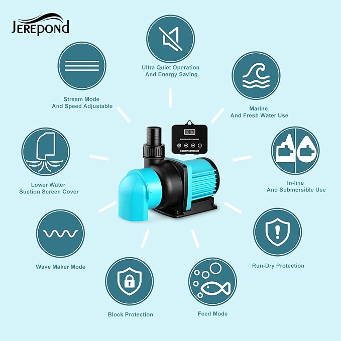 2350GPH 75W Aquarium Return Pump With LCD Display Controller - DC 24V for Saltwater Freshwater Fish Tank, Sump - 20 Speeds ECO Quiet Submersible and Inline - AquaVibe