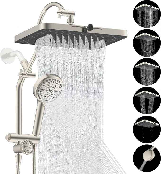 Hibbent cUPC Certified 13'' Shower Head Combo, High Pressure 5 Spray Rainfall Showerhead, 10 Spray Handheld, All Metal Easy Reach 4-way Diverter Arm with Pause Mode, 71'' Hose & Holder, Brushed Nickel