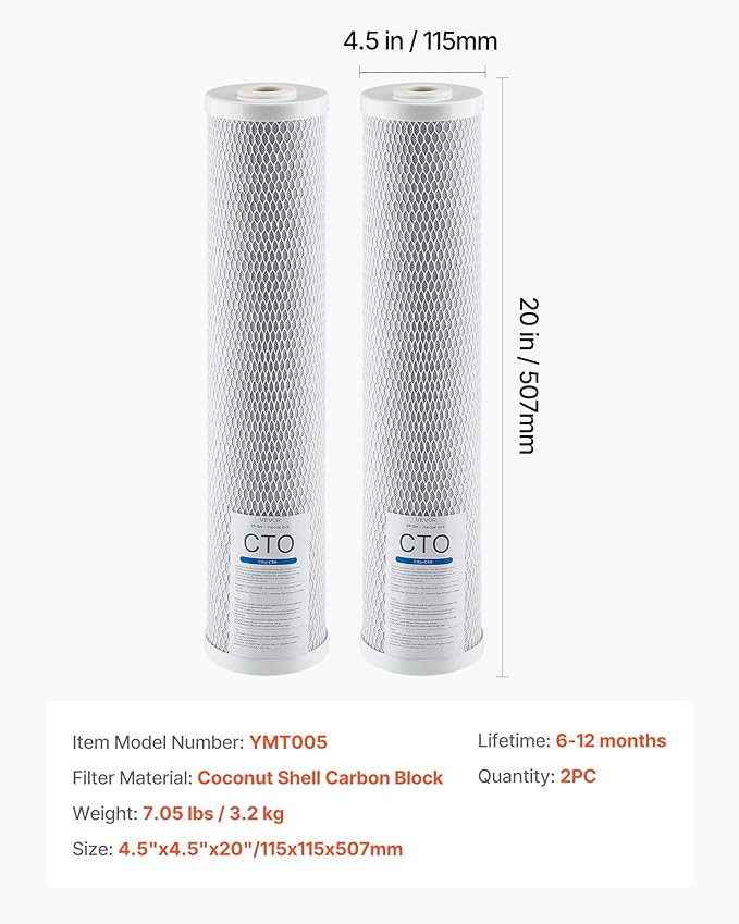 VEVOR CTO Whole House Water Filter, 20 x 4.5 Inch Universal Fit, Activated Carbon Block Cartridge Replacement, 5 Micron Coconut Shell Charcoal Filters, Reduces Chlorine, Taste & Odor, 2 Pack