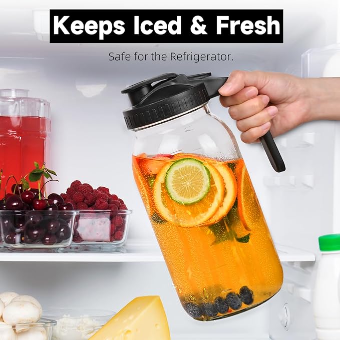 3 Pack 64oz Glass Mason Jar Pitcher with Airtight Lid and Handle – Wide Mouth, Leak-Proof, Ideal for Sun Tea, Cold Brew, Lemonade, Iced Coffee, Milk, and Water (Black)