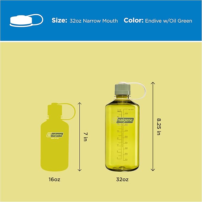 Nalgene 32 oz Narrow Mouth Water Bottle | BPA-Free, Durable & Leak Proof, Lightweight for Gym & Office – Thrill & Motion, Endive w/Oil Green