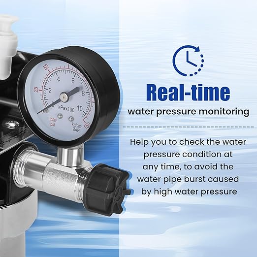 0.01μm Ultra Filtration Under Sink Water Filter System with Real-time Pressure Gauge, Water Filter Under Sink Import and Export Dimension Are DN15, for 99.99% Cl Reduction (with 5 Filter and 1 Faucet)