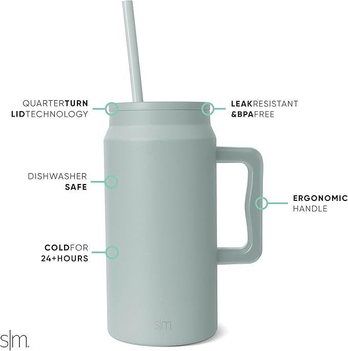 Simple Modern 50 oz Mug Tumbler with Handle and Straw Lid, Reusable Insulated Stainless Steel Large Travel Jug Water Bottle Gifts for Women Men Him Her Trek Collection, 50oz, Sea Glass Sage