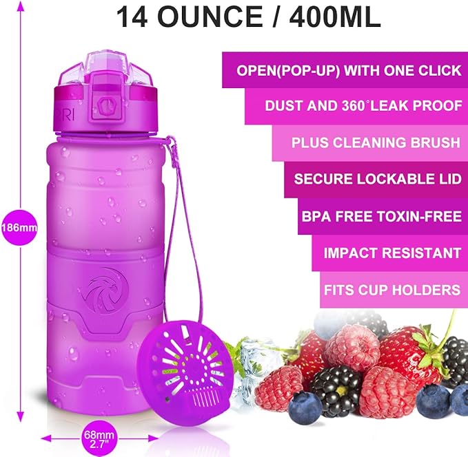ZORRI Sports Water Bottle, 400/500/700ml/1L, BPA Free Leak Proof Tritan Lightweight Bottles for Outdoors,Camping,Cycling,Fitness,Gym,Yoga- Kids/Adults Drink Bottles with Filter, Lockable Pop Open Lid