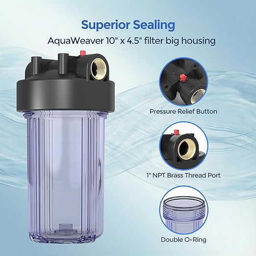 Whole House Water Filter Housing (WH-C10HD), 10" x 4.5" Sediment etc Filter Universal Housing, Pre-Filtration System for Well and City Water, 1" NPT Port, Pressure Release(Clear Housing)