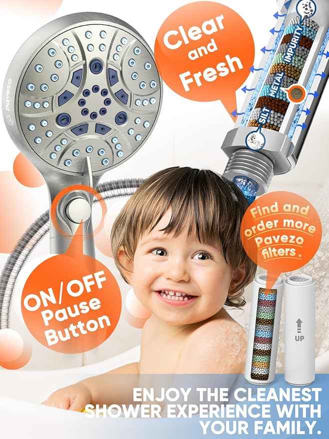 Pavezo® High Pressure Handheld Shower Head with Filter, ON/OFF Switch Pause Button, 10-mode Shower Head with Hard Water Softener Filters, SS Hose, Anti-clog & Powerful Clean Tile & Pet, Brushed Nickel